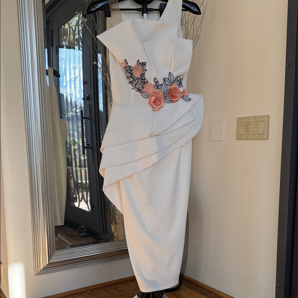 Chic Asymmetrical White Dress with Floral Accents
